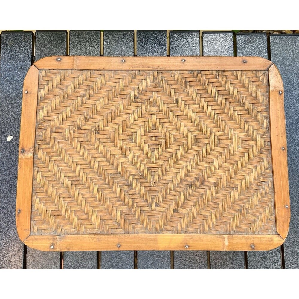 Vintage Bentwood Bamboo Rattan Sewing Box Woven Lid Storage Basket Japan 14”